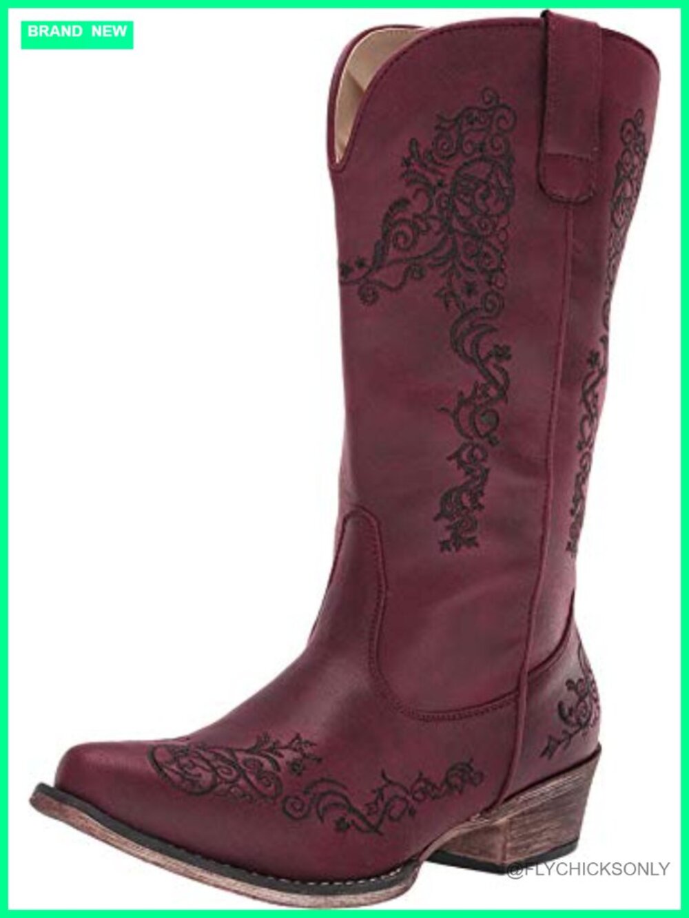 Western Embroidered Mid-Calf Pull-On Boots Faux Leather
